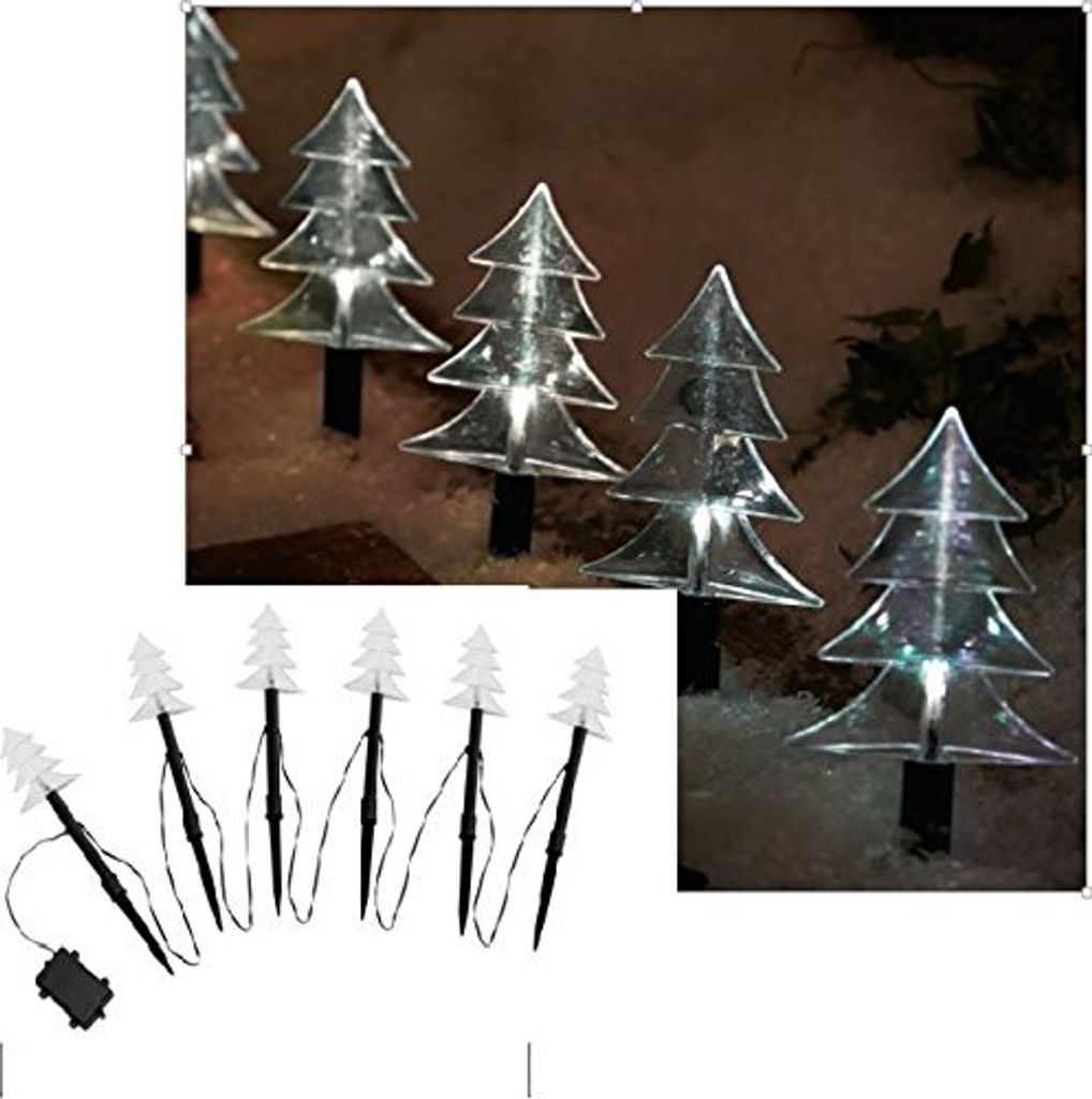 A collage showing LED Christmas tree lights in a snowy outdoor setting and a separate group of the lights on a white background.