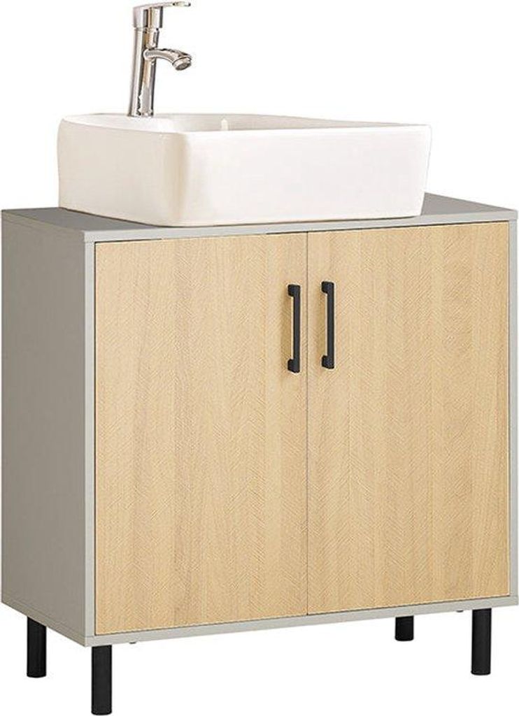 Wasschbecken-Unterfach - Stauraum-Organizer - MDF- und Metall-Konstruktion - Stilvolle graue und holzverkleidete Fassung - Raumsparendes Design - 6...
