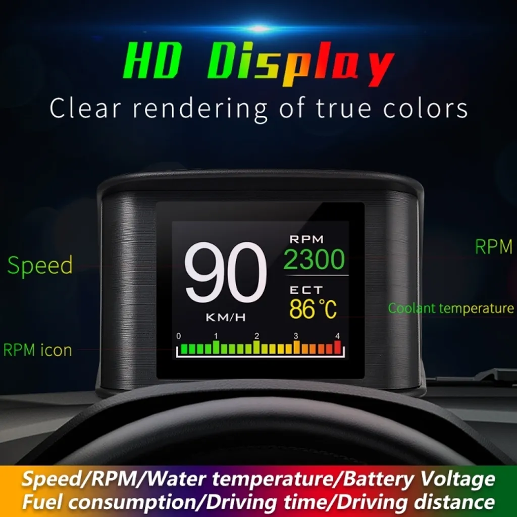 P10 HUD Misuratore digitale intelligente OBD2 da 2,2 pollici per auto con TFT LCD multicolore, velocità e giri al minuto, consumo di acqua e olio e visualizzazione di distanza/tempo e tensione di guida, allarme di velocità eccessiva, allarme di bassa tensione, commutazione di chilometri e miglia, funzione sensore di luce - 2