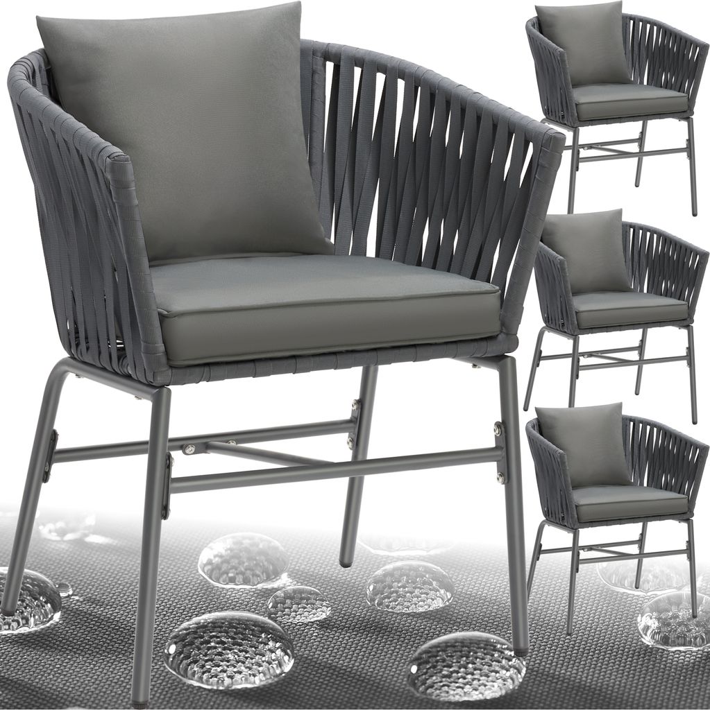 A collage of four gray woven chairs with cushions, set against a light gray and white background with water droplet graphics.