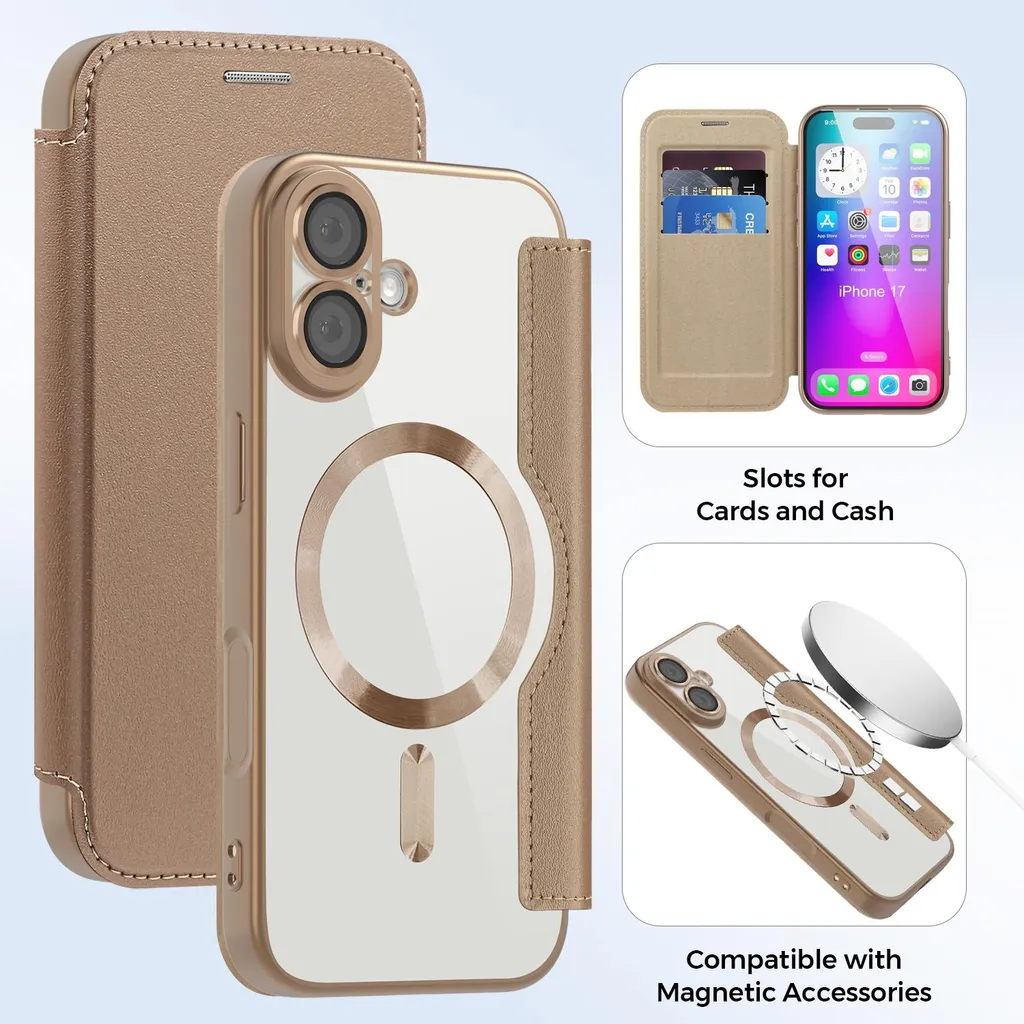 Custodia per iPhone 17 compatibile con MagSafe, custodia trasparente con portacarte, custodia in pelle con protezione della fotocamera Desert Gold