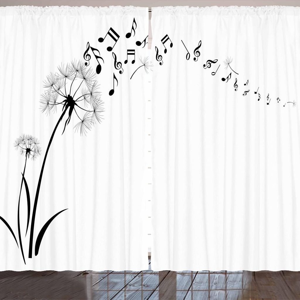 ARANDE Musik Gardine, Fliegende Löwenzahnnoten Musik Sommer Frühling Wiese Silhouette Weichheit Einfach, 280 x 245 cm, Weiß Schwarz