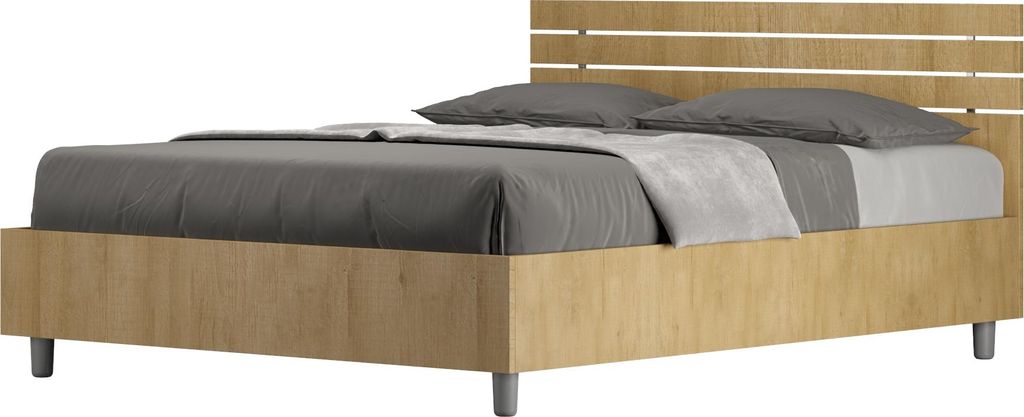 ITYHOME - Bett ohne Lattenrost 140x190 gerades Kopfteil mit Holzlatten Eiche Natur Ankel