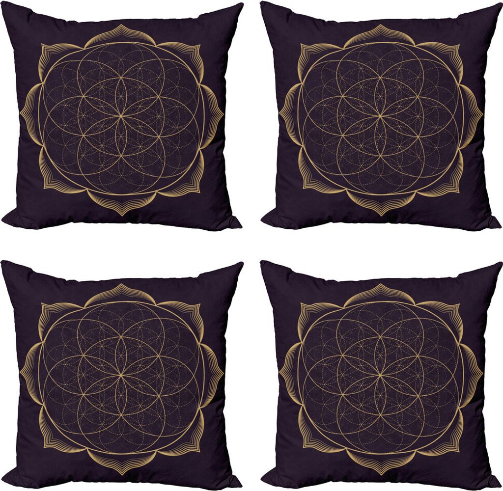 ABAKUHAUS Mandala Kissenbezug Set (4 Stück), Geometrie-Kunst-Blume, Moderner Doppelseitiger Digitaldruck, 50 cm x 50 cm, Plum und Senf