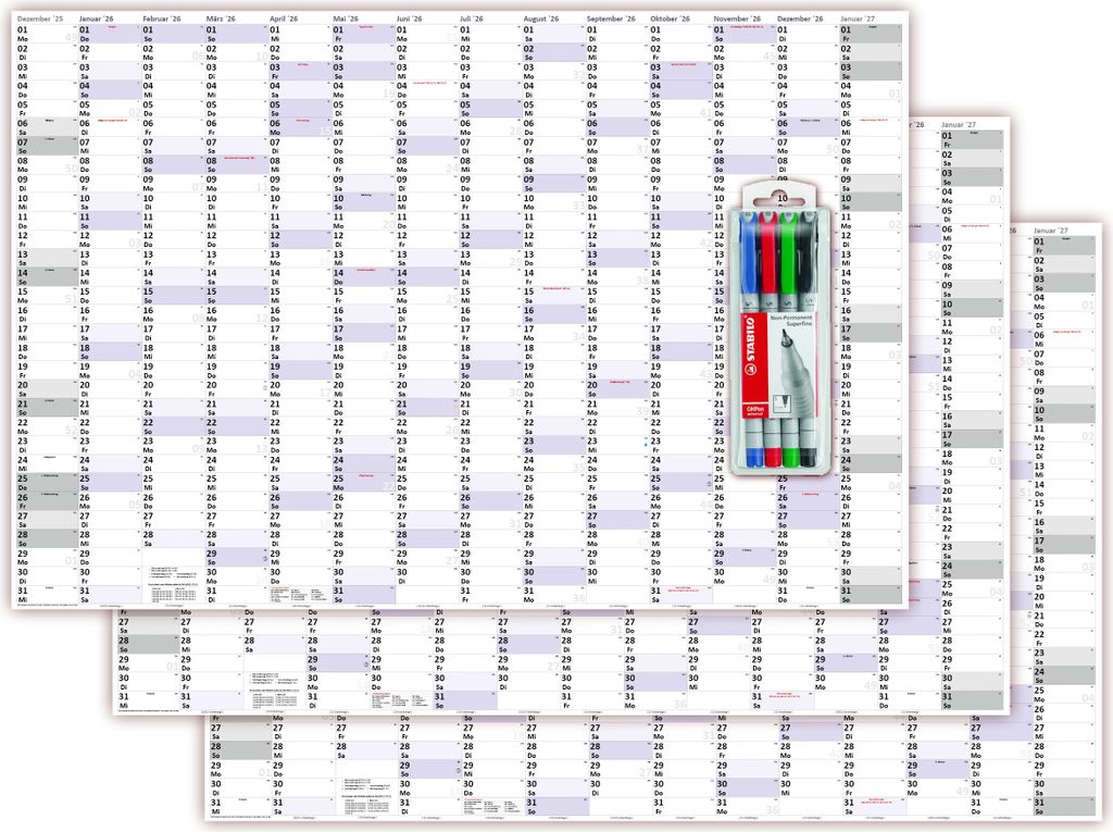 3 Stück XXXL Wandkalender Special A0 2026 nass abwischbar inkl. Stifteset vierfarbig (Format 120 x 80cm) Jahresplaner Wandplaner gerollt mit extra...
