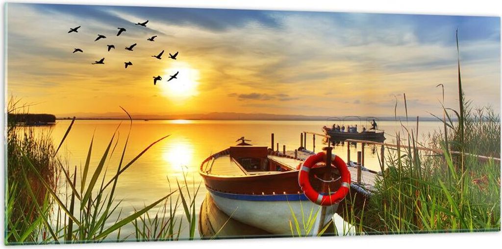 Bilder auf glas - Boot See Sonnenuntergang Sommer Menschen - 120x50cm - Glasbilder - Wandbilder - Kunstdruck - Wanddekoration aus Glas - Glas Bilde...