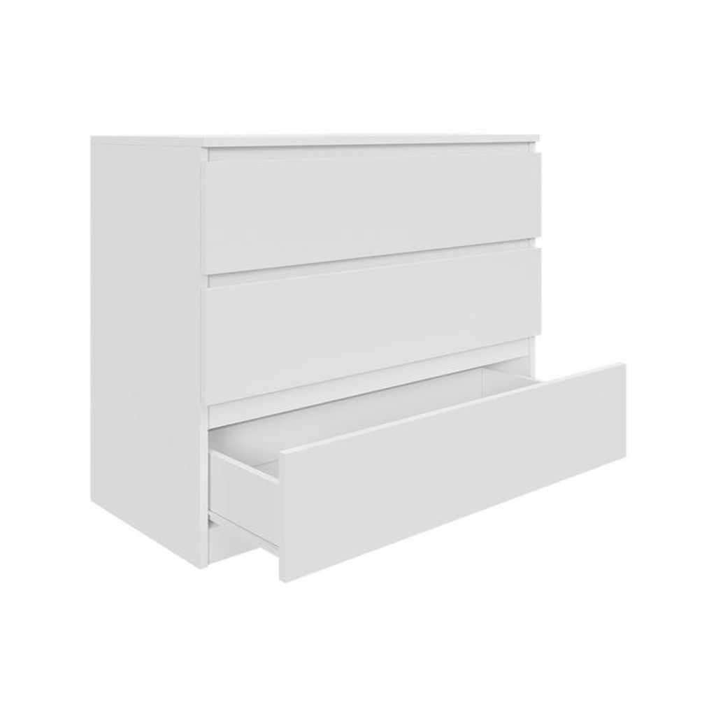 A white chest of drawers with one drawer open, shown against a white background.