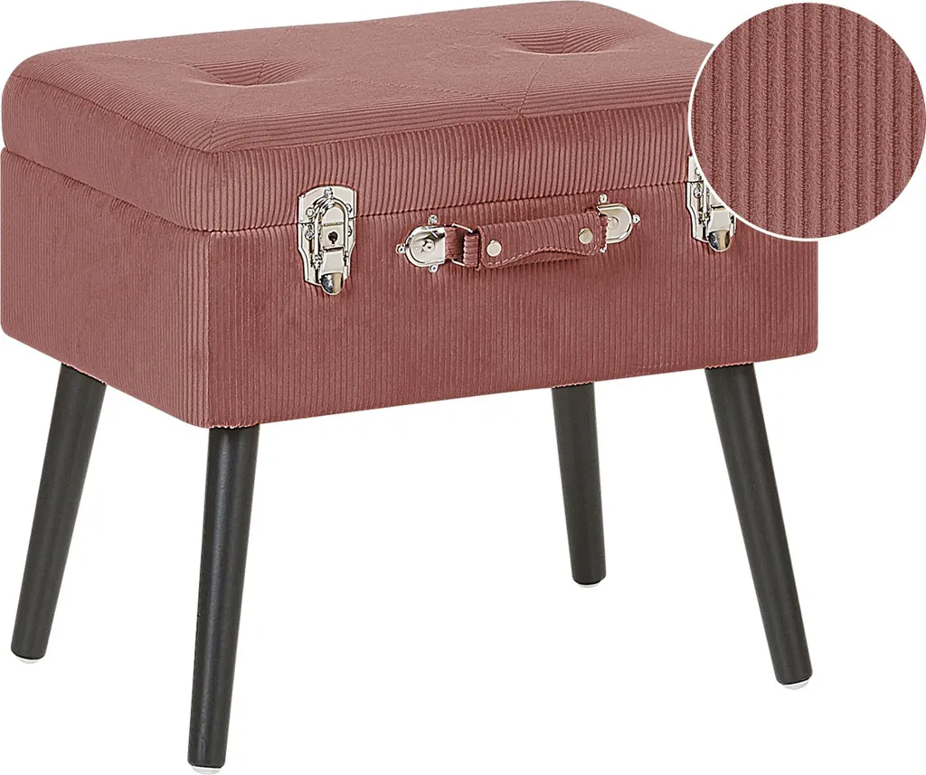 Table basse coffre rose en velours avec rangement et design valise rétro