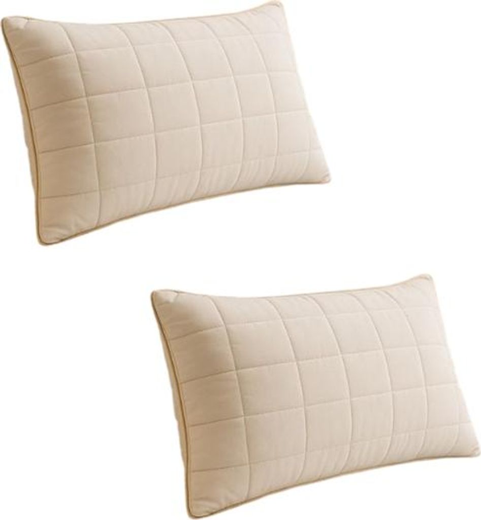 Two beige quilted pillows are shown against a white background.