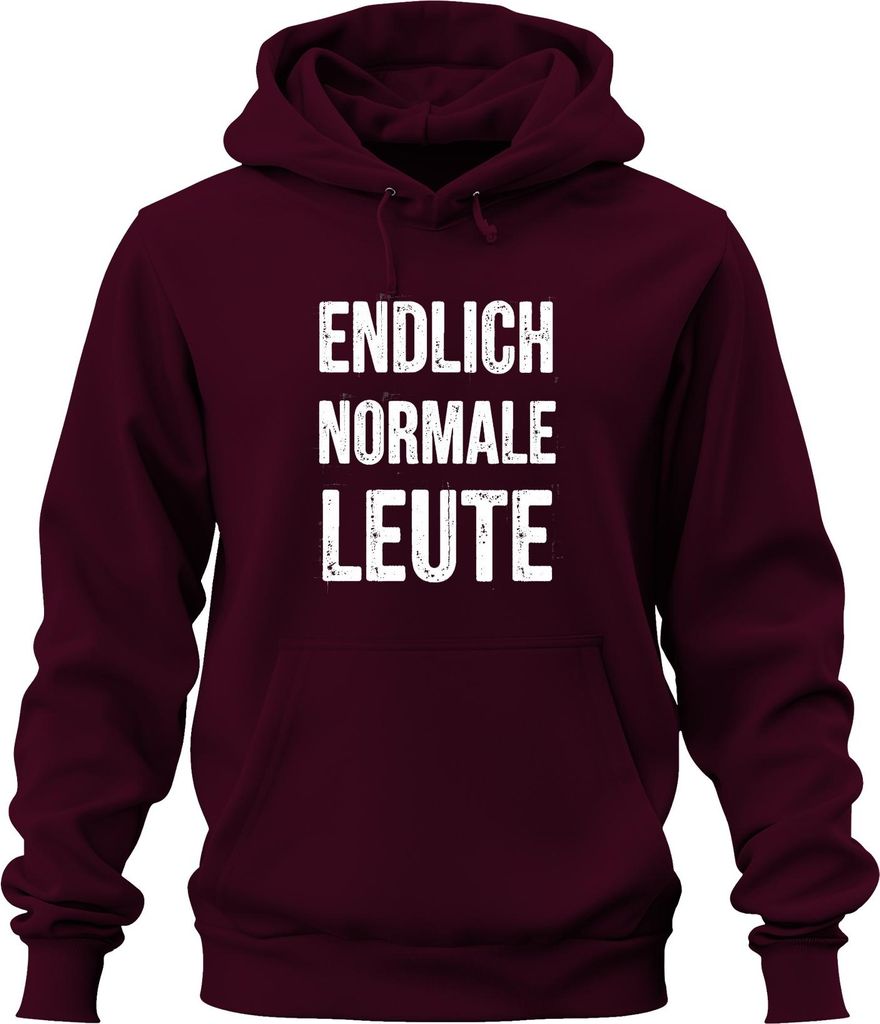 ENDLICH NORMALE LEUTE lustig satirisch Statement Karneval Fasching Uni Hoodie Kapuzenpullover, Burgundy, 3XL