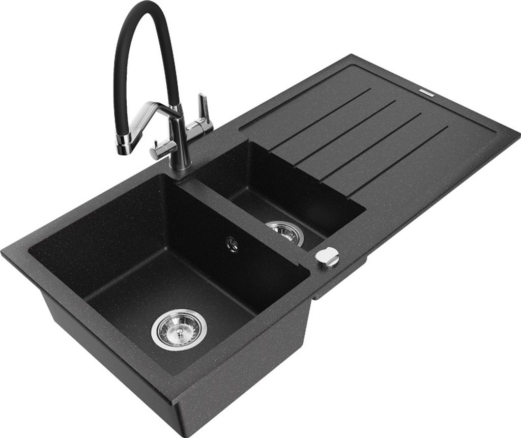 Mexen Andres 1,5-Becken-Granitspüle mit Abtropffläche und Mischbatterie Duo, Schwarz/Silbermetallic - 6515-73-671701-07