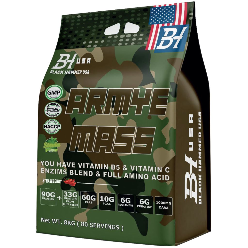 ARMYE Mass Gainer 8000g Erdbeere | High Protein & Carbs mit Creatine & BCAA für Muskelaufbau, Fitness & Recovery – Eiweißpulver - Black Hammer USA