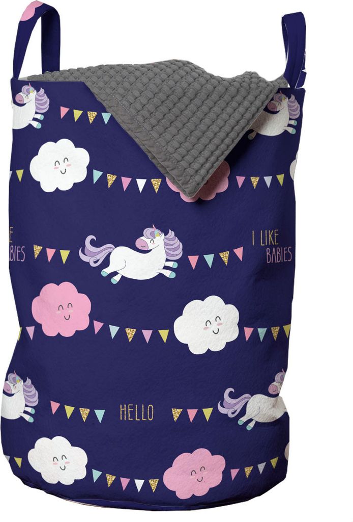 ABAKUHAUS Karikatur Wäschesack, Unicorn-Party Flags Wolken, Wäschekorb mit Griffen Kordelzugverschluss für Waschsalons, 33 cm breit x 49 cm hoch...