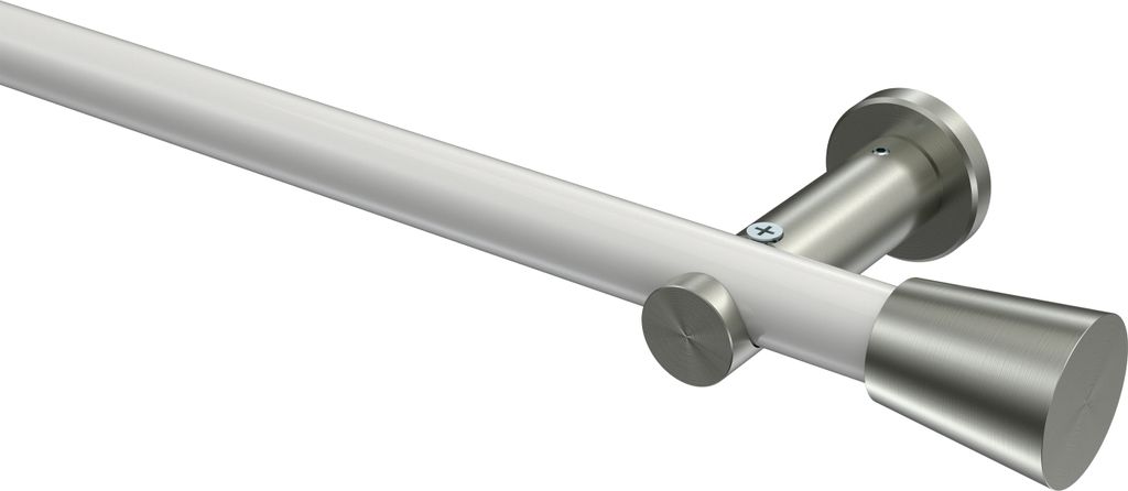 Interdeco Gardinenstange / Vorhangstange Weiß / Edelstahl-Optik, Typ Platon Sitra (Konus) ohne Ringe, 20 mm Ø 1-läufig, 420 cm