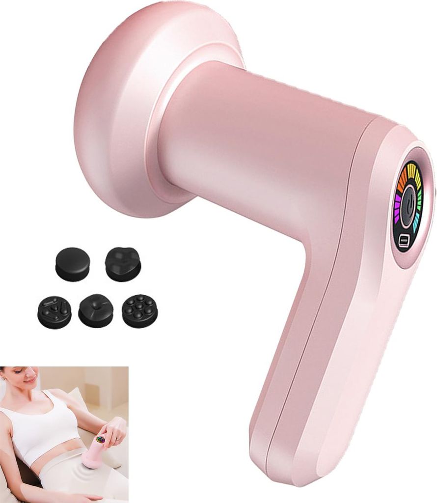 Elektrisches Mini Massagegerät, 6 Stufen, leise <36dB, wiederaufladbar USB-C, 5 Köpfe, 24W, für Nacken, Rücken & Schultern, tragbar