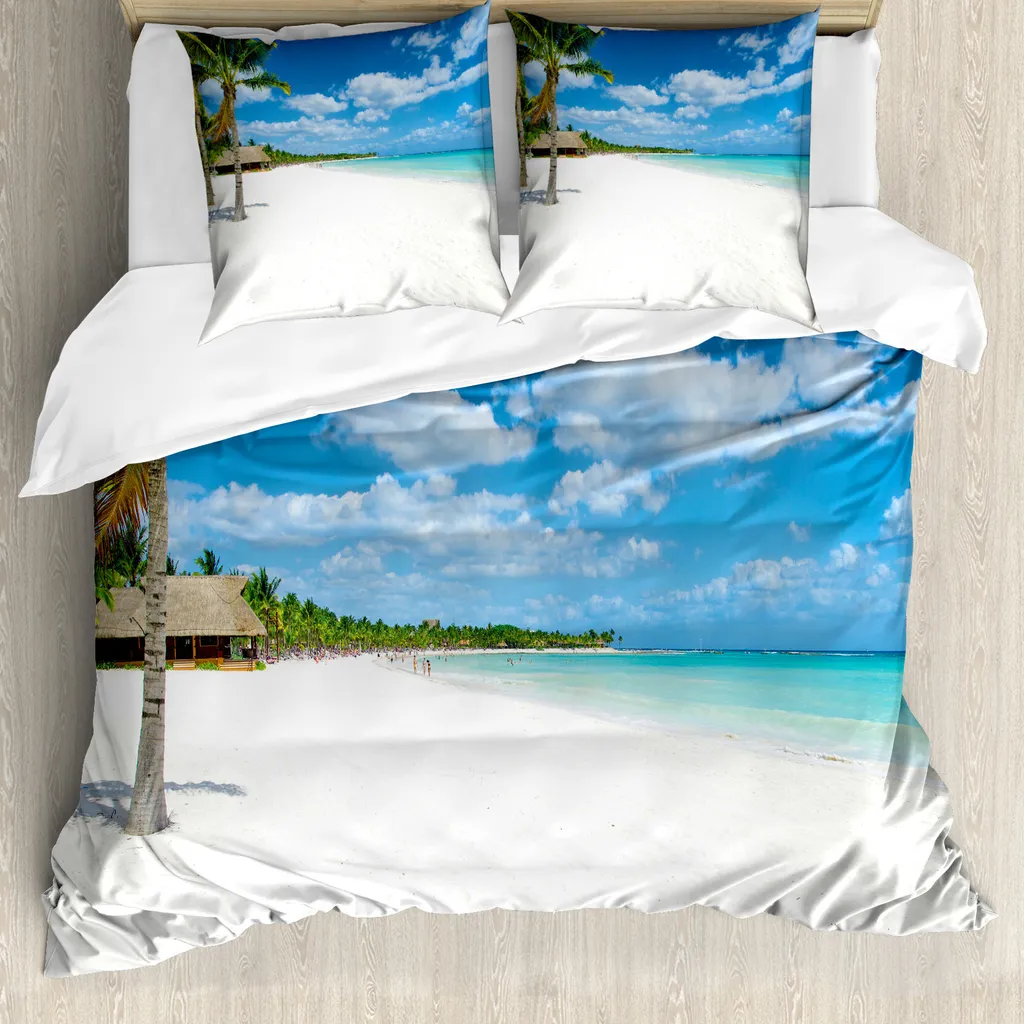 Parure de Lit 155x220 cm Motif Bord de Mer Tropical Bleu Blanc et Vert