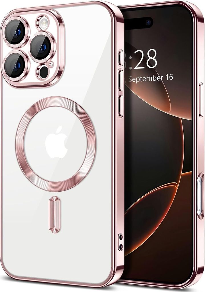 Magnetische Klar Hülle für iPhone 16 Pro, Kompatibel mit MagSafe, Elektroplattiert Handyhülle mit Kameraschutz Pink
