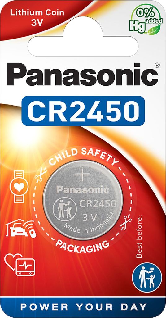 A retail package for Panasonic CR2450 lithium coin batteries.