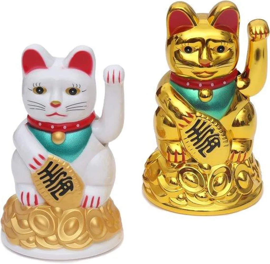 Chat porte-bonheur japonais Maneki Neko - Lot de 2 figurines doré et blanc