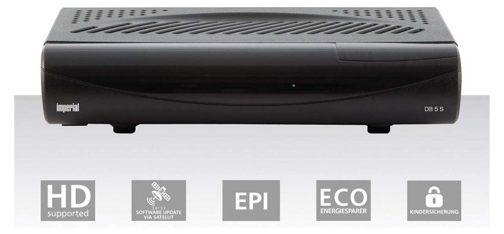 A black satellite receiver is shown from the front, with feature icons below.