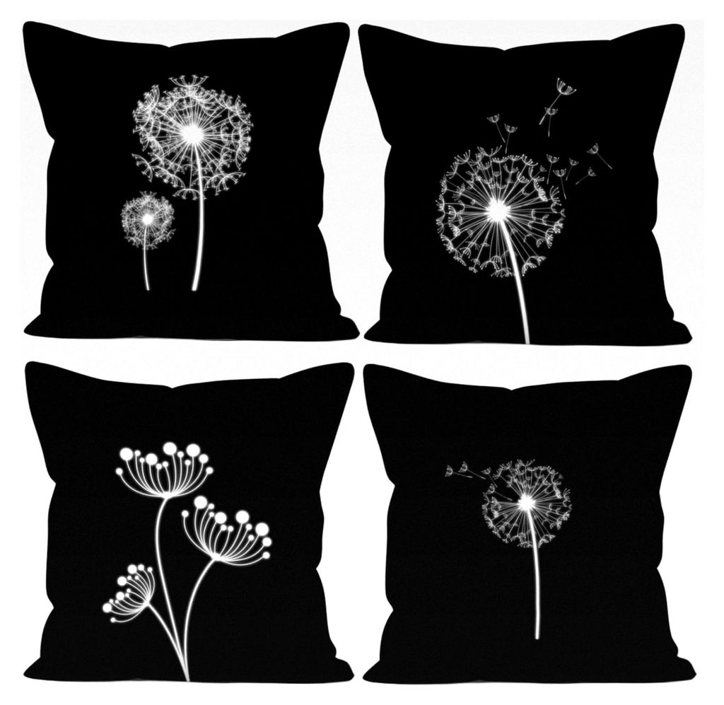 4er Set Dekorative Kissenbezüge Löwenzahn 51x51cm Frühling Natürlich Blumenmalerei Schwarz und Weiß Quadratische Zierkissen für Sofa und Garten