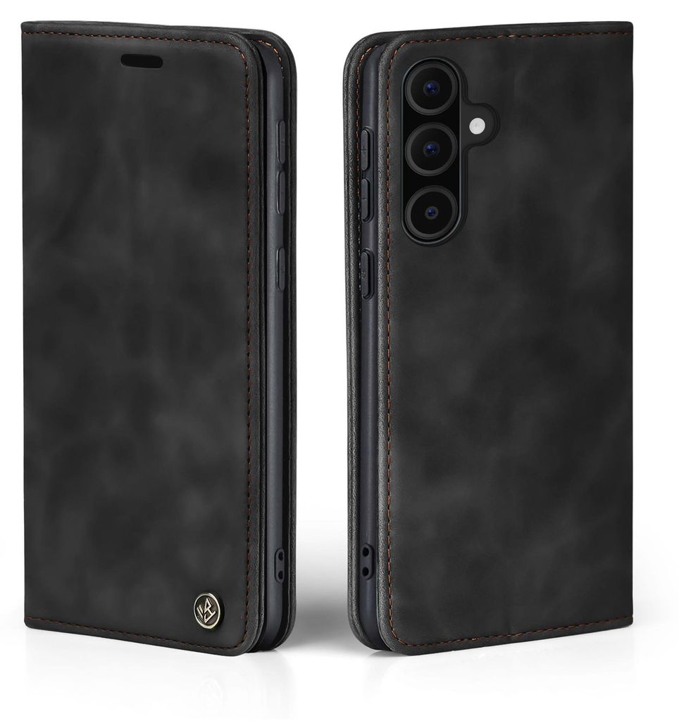 A black flip case for a smartphone is shown from two angles.