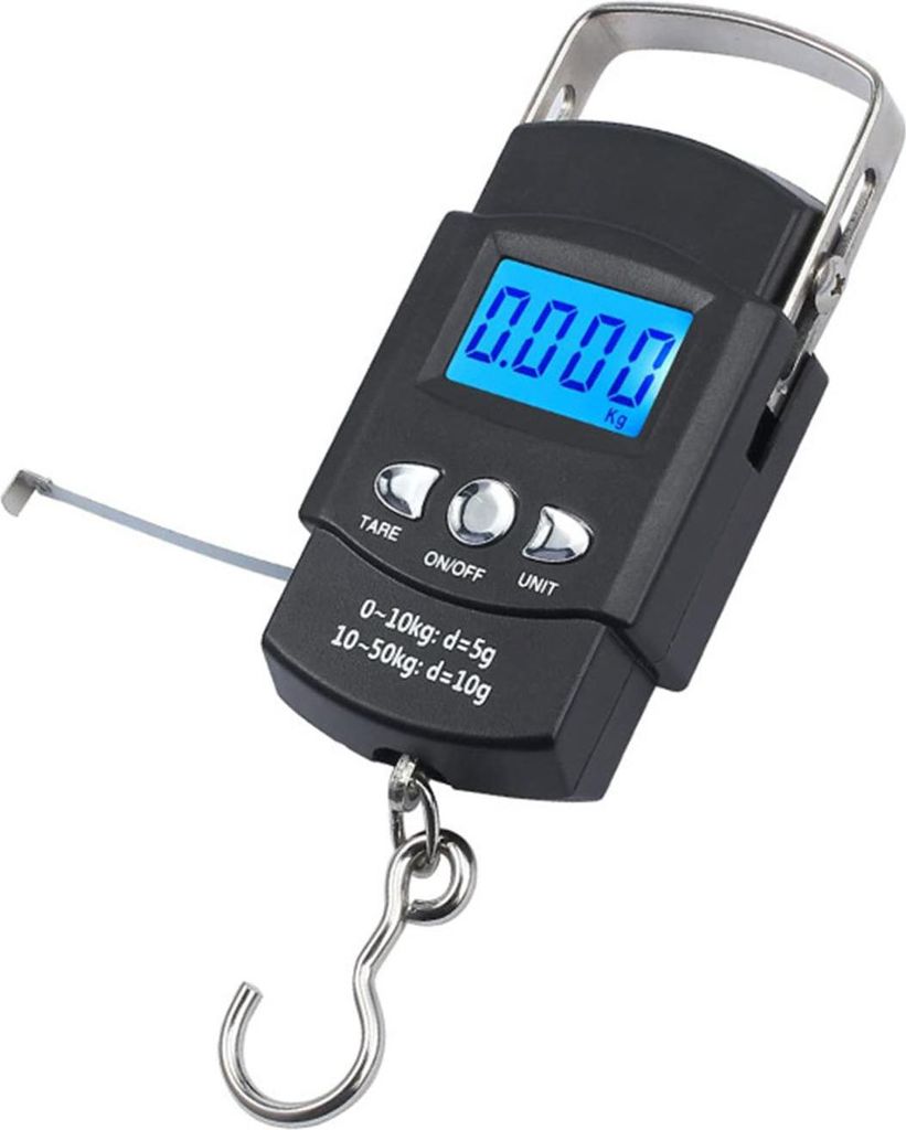 OKWISH Präzisionswaagen 50 kg, Digitale Kofferwaage, Tragbare Handwaage, Anglerwaage, Einkaufswaage, Digitale Hängewaage mit Maßband, Gepäckwaage