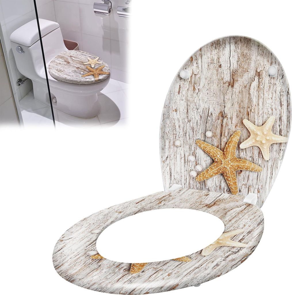 XINZI Toilettendeckel oval und Sitz mit Absenkautomatik, Antibakterielle Klobrille, WC-Sitz und Deckel aus Hartplastik (Perlen-Seestern-Design)