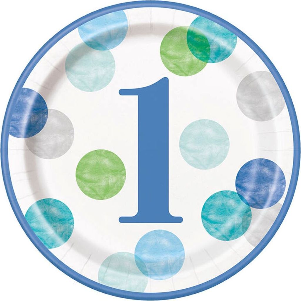 Pappteller "Dots Blau 1st Birthday" | Ø23cm/8Stk.