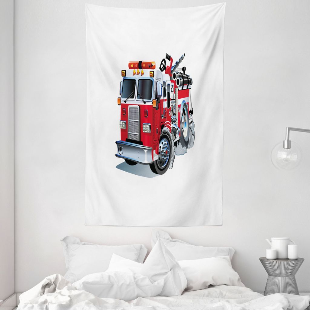 ABAKUHAUS LKW Wandteppich und Tagesdecke, Feuerwehrfahrzeug aus Weiches Mikrofaser Stoff Waschbar ohne Verblassen Digitaldruck, 140 x 230 cm, Grau Rot