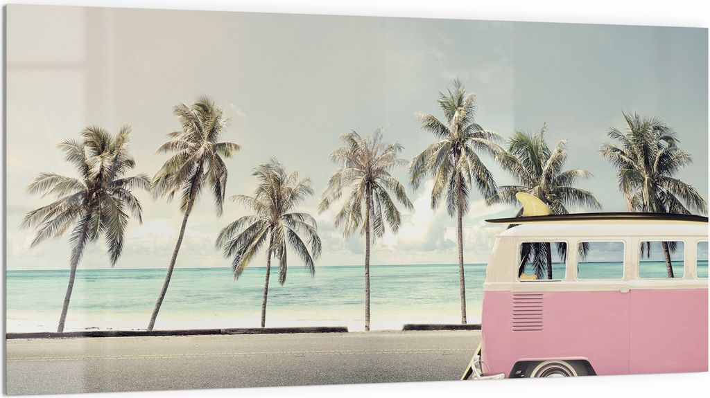 DEQORI Küchenrückwand Glas 100x50 cm 'Retro Wellenreise' Spritzschutz Bad Rückwand Küche