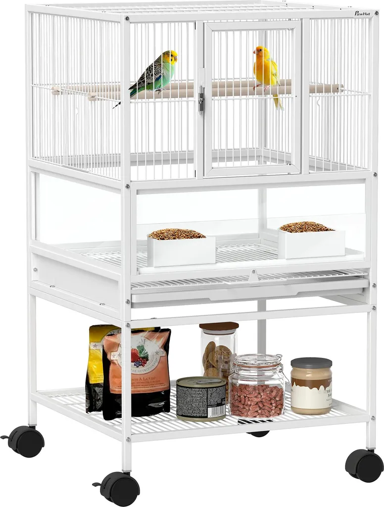 Cage oiseau en acier et acrylique blanc 83cm de haut avec support mobile