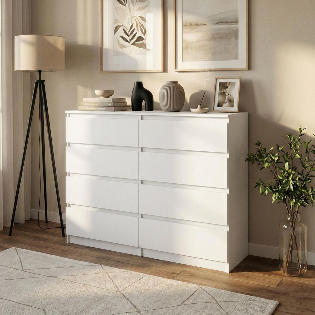 BEAUTYSOFA | Kommode LEMON 100 cm Weiß, Sideboard mit 8 Schubladen, Modernes Aufbewahrungsschrank für Schlafzimmer, Wohnzimmer und Flur