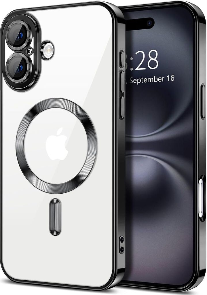 Magnetische Klar Hülle für iPhone 16, Kompatibel mit MagSafe, Elektroplattiert Handyhülle mit Kameraschutz Schwarz