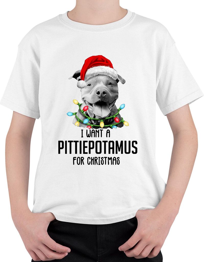 I Want A Pittiepotamus For Christmas Pitbull Santa Hat Funny Gift Uni Kinder T-Shirt, Weiß, 104