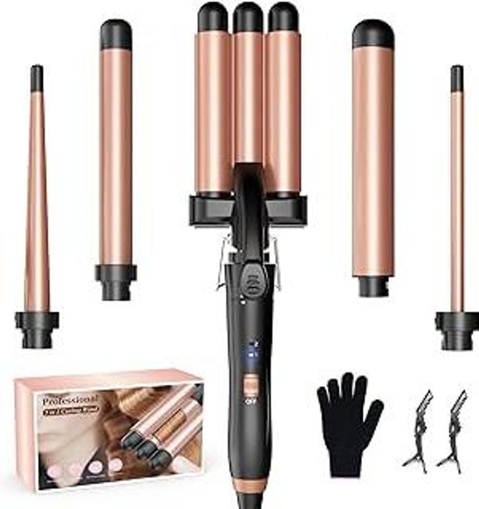 BESTOPE MIX Welleneisen Set 5 in 1, Lockenstab mit Verschiedenen Aufsätzen Einstellbare Temperatur Keramik Lockenstab Große Locken Schnellaufheiz...