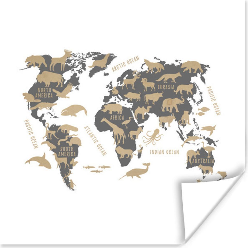 MuchoWow Poster Weltkarte Kinder - Braun - Tiere 30x30 cm - Wandposter - Printing