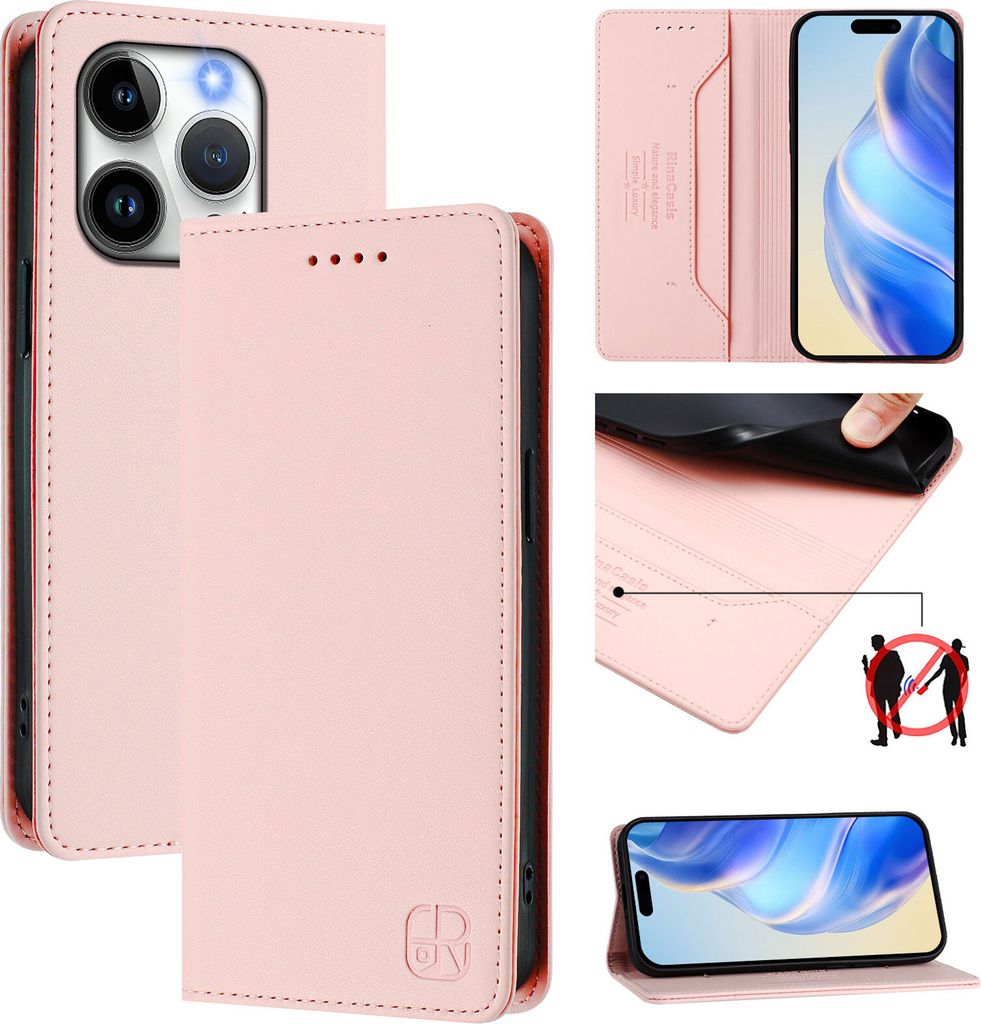 Lederhülle für iPhone 15 Pro Hülle Flip Brieftasche Kartenfächern Ständer Schutzhülle Pink