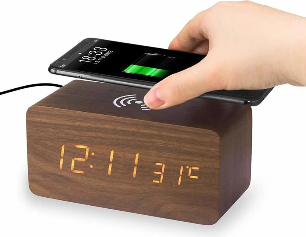 Réveil LED INF effet bois marron avec chargeur téléphone sans fil Qi