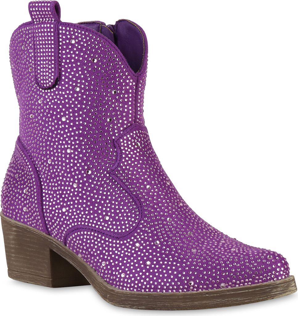 VAN HILL Damen Cowboy Boots Stiefeletten Spitze Strass Western Schuhe 840903, Farbe: Lila, Größe: 37