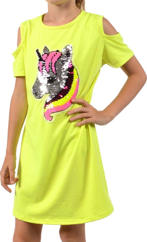 KMISSO Mädchen Kleid Wende Pailletten Einhorn-Motiv Gelb 104