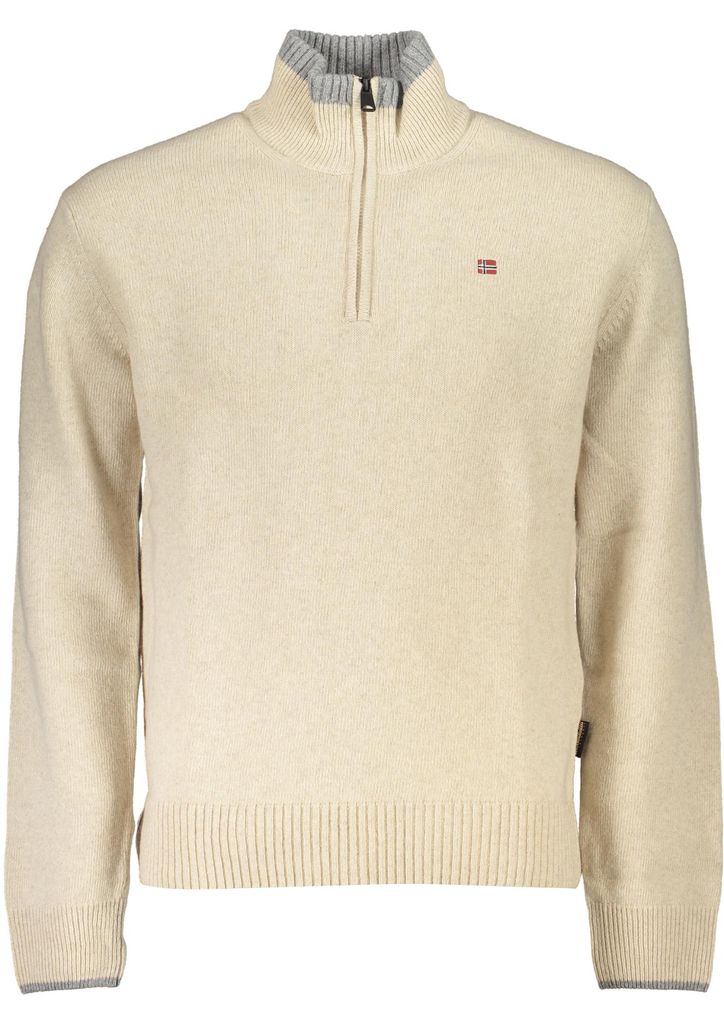 Beiger Herrenpullover, Regular Fit, halber Reißverschluss, elegante Stickerei