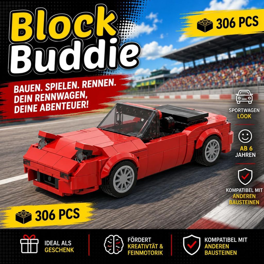 BlockBuddie™ MX5 inspirierter Roadster Cabrio – 306 Teile – Produktbild 