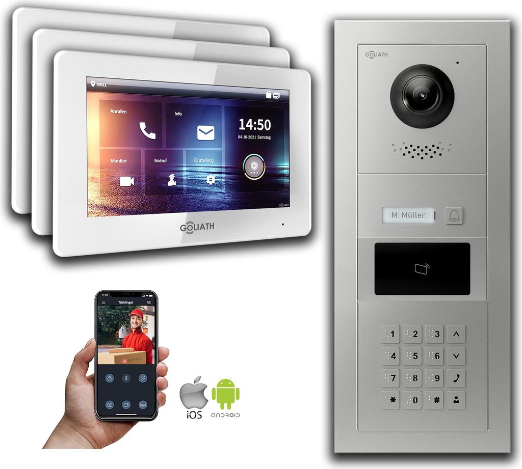 Türsprechanlage mit Kamera Goliath IP 2-Draht 3-Monitore Zahlencode RFID : 7 Zoll in Weiß : Unterputzdose Monitor Auswahl: 7 Zoll in Weiß Türkl...