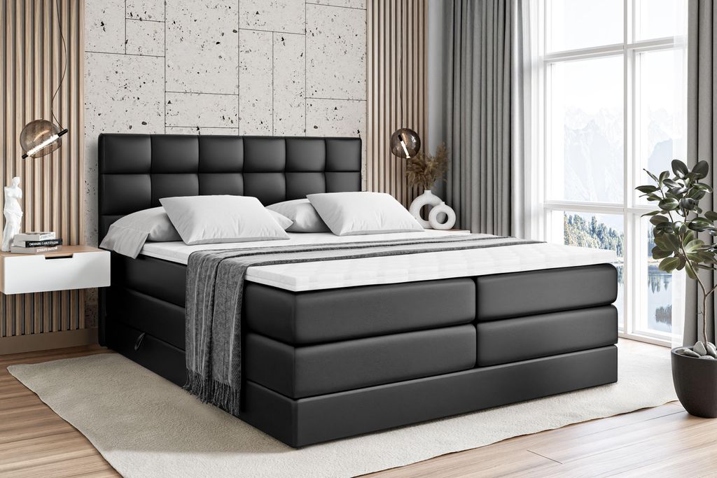 ALTDECOR Boxspringbett mit Matratze und Lattenrost - APO KING - 180x200 cm -Schwarz Kunstleder - Topper, Polsterbett mit Bettkasten, Bett mit Staur...
