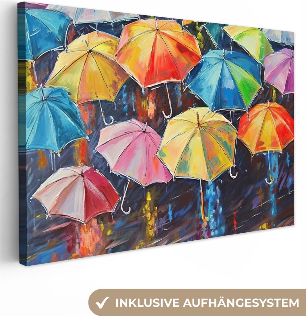 MuchoWow - Leinwandbilder - Regenschirme - Malerei - Kunst - Regenbogen, Wandbild, Wanddeko Bilder Wohnzimmer, 30x20 cm