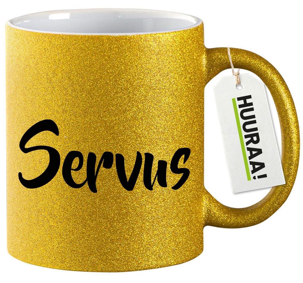Huuraa Glitzertasse Servus Schriftzug 330ml Gold Keramik Kaffeebecher Geschenkidee