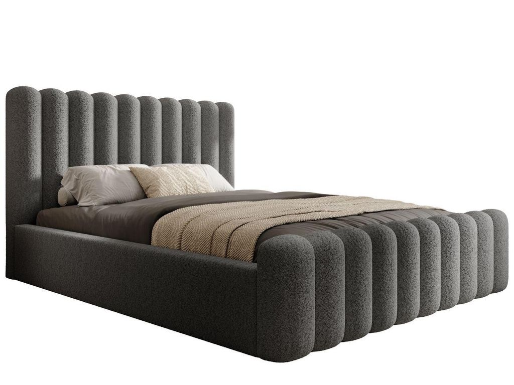 KLICKMOEBEL Polsterbett 140x200 mit Bettkasten HEKORA 7 in Grau - Modernes Bett mit hohem, abgerundetem Kopfteil und Holzrahmen