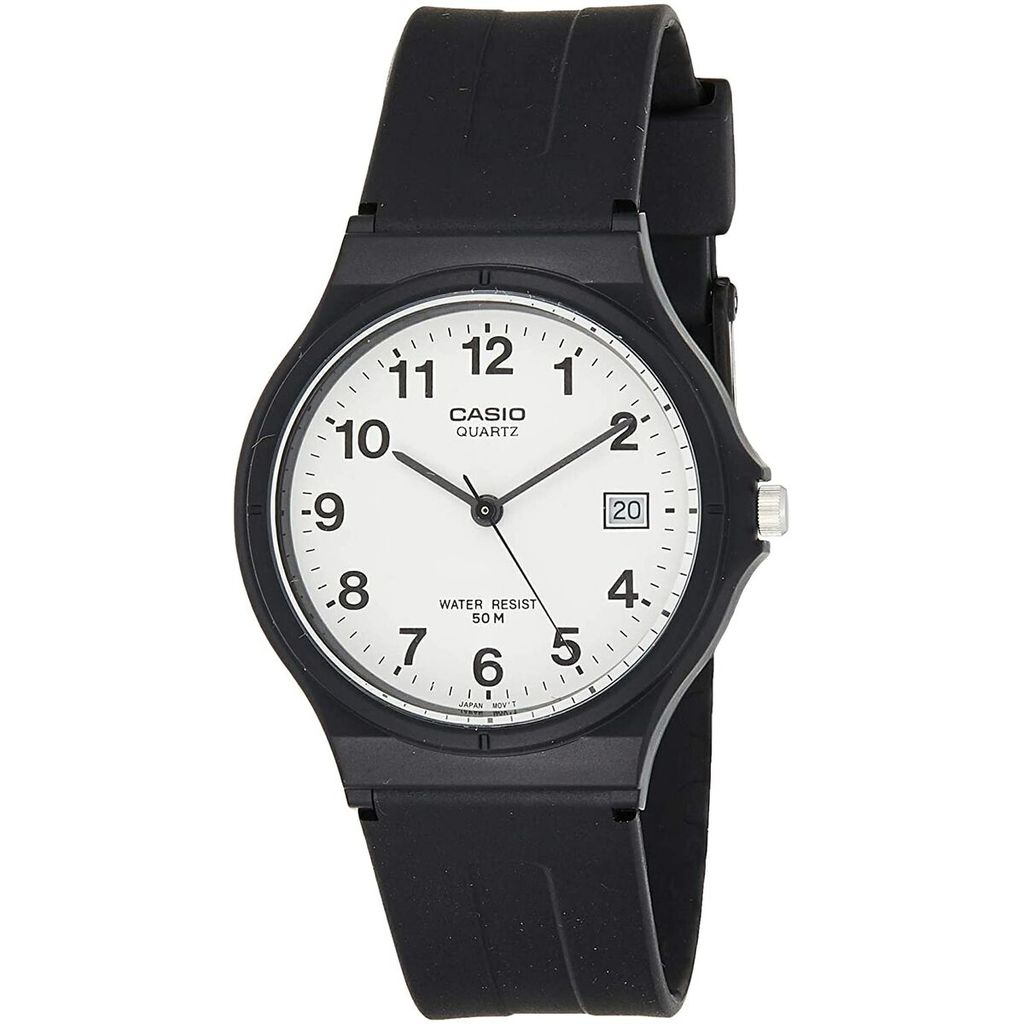 A close-up studio shot of a black Casio watch with a white face.