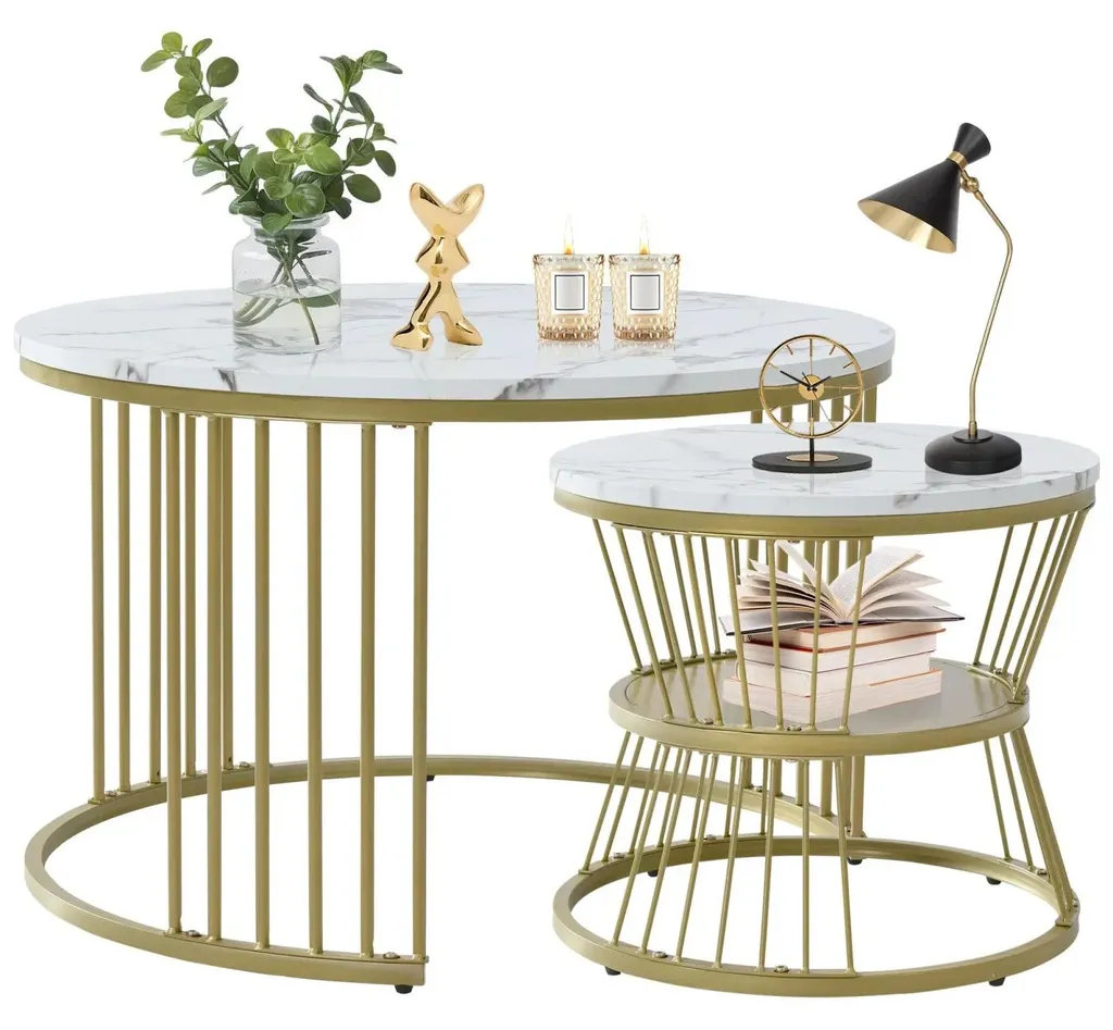 Table de salon ronde pour bureau ou séjour blanc or design moderne